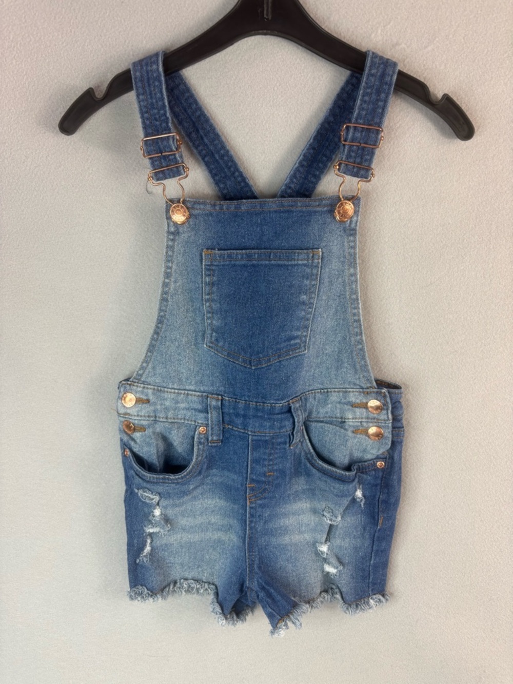 BCBG 5 Girls Blue Denim Distressed Short Overalls - Kids
